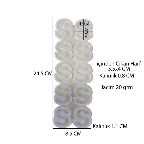 Epoksi Çoklu Silikon Kalıp S Harfi ( Düz)  Anahtarlık Reçine Seri Döküm Kalıbı 4 CM 10 Lu