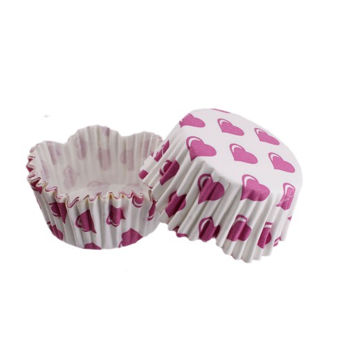 Cupcake Kalıbı Pet Kapsül Dalgalı Kek Kalıbı 65X38 MM (100 Adet)  Beyaza Fuşya Kalpli