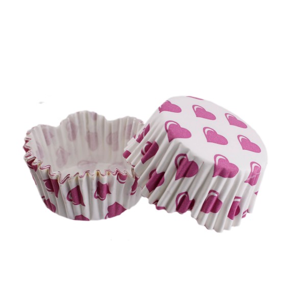 Tahtakale Toptancı Cupcake Kalıbı Pet Kapsül Dalgalı Kek Kalıbı 65X38 MM (100 Adet)  Beyaza Fuşya Kalpli
