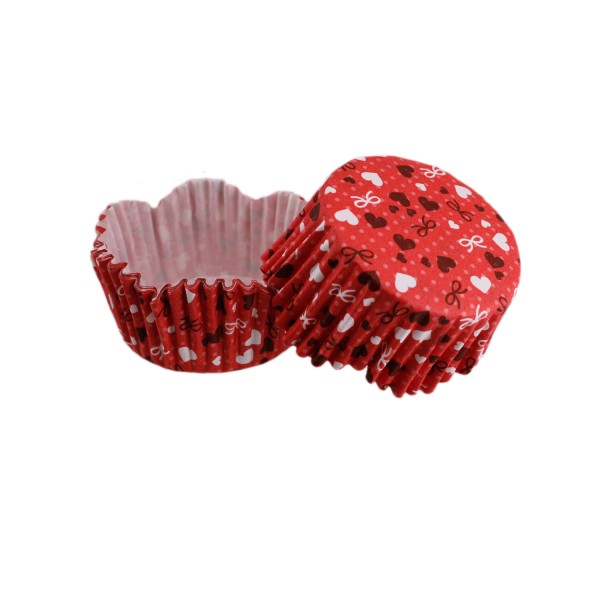 Tahtakale Toptancı Cupcake Kalıbı Pet Kapsül Dalgalı Kırmızı Üzeri Fiyonk Ve Kalp Desenli Kek Kalıbı 65X38 MM (100 Adet)