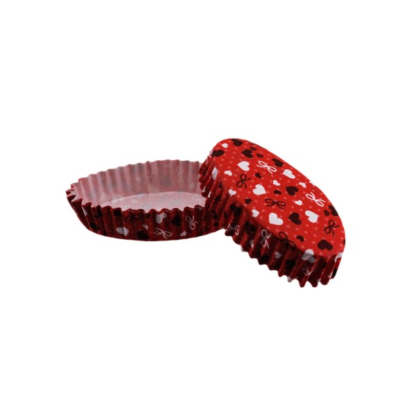 Tahtakale Toptancı Cupcake Kalıbı Pet Kapsül Oval Kırmızı Üzeri Fiyonk Ve Kalp Desenli Kek Kalıbı (100 Adet)