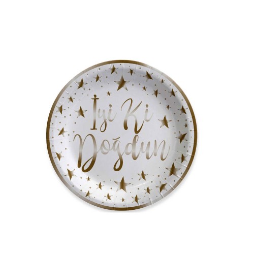 Karton Tabak Gold Varak Baskılı İyiki Doğdun 23 CM (6 Adet) Beyaz Karton Tabak Gold Varak Baskılı İyiki Doğdun 23 CM (6 Adet) Beyaz