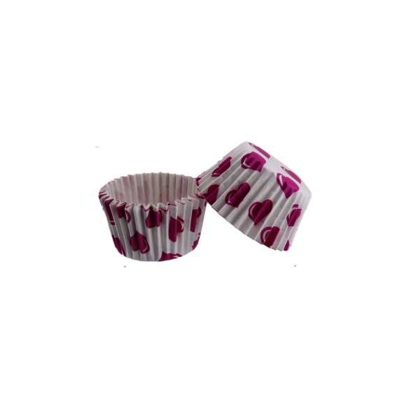 Tahtakale Toptancı Kek Kalıbı Pet Kapsül 52X45 MM Kağıt Cupcake Kağıdı (100 Adet)  Beyaza Fuşya Kalpli